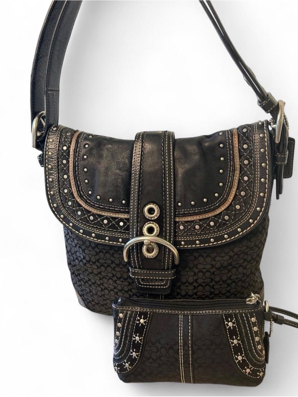 Coach Black Soho Sgnature C Patchwork with Rivets Bag and Wristlet 2007 F11405